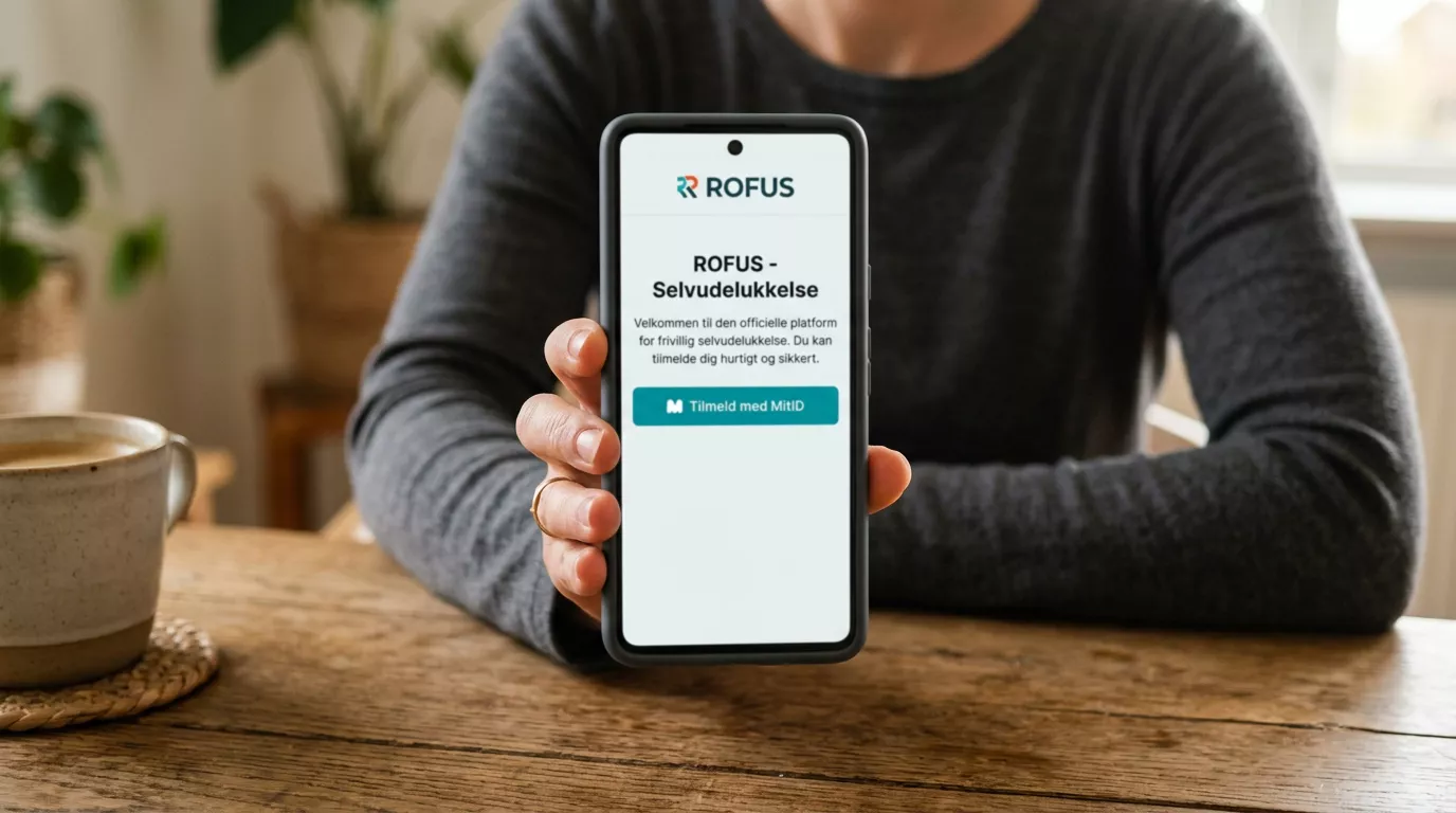 Person holder smartphone med ROFUS-selvudelukkelsesskærm på dansk
