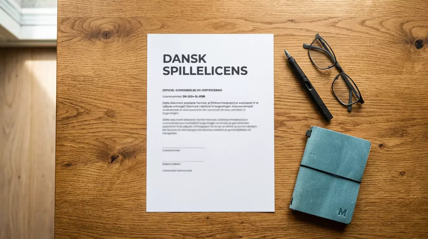 Dokument med dansk spillelicens fra Spillemyndigheden på skrivebord