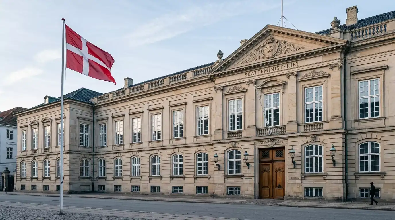 Skatteministeriets bygning i København med dansk flag i forgrunden